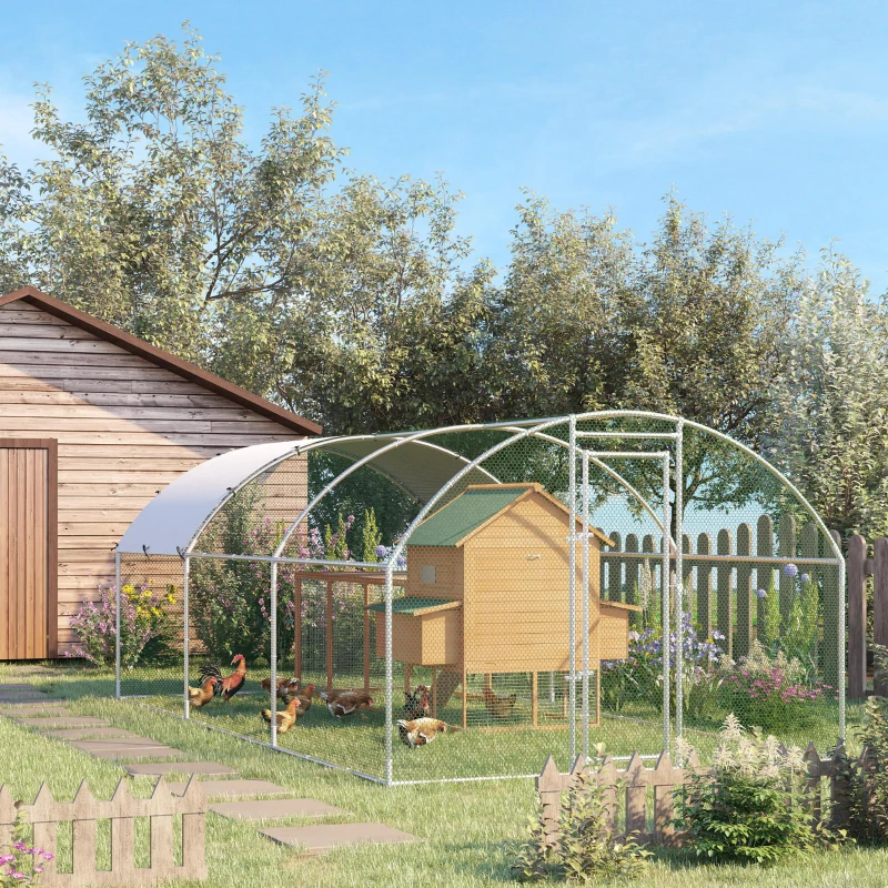 PawHut Hühnerstall Freilaufgehege 2,8x5,7x1,97m mit Schloss Verzinkter Stahl Hühnerhaus mit Wasserdichtem, Anti-UV Dach Freigehege Outdoor Geflügelstall für Hühnerkäfig, Kleintiere Silber