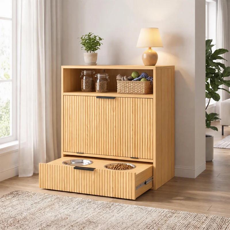 PawHut Pet Feeder Station with Storage, Dog Food Storage Container w/ 2 Raised Bowls, Tilt Out Cabinet, Slow Feeder Mat