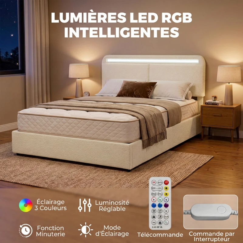 HOMCOM Lit Coffre 160 x 200 cm, LED RGB, Tête Réglable, Cadre de Lit Double Rembourré Velours, Rangement Hydraulique, Crème