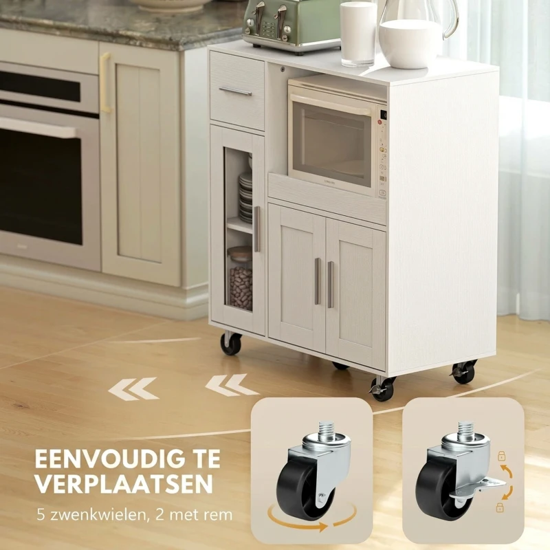 HOMCOM Keukenkast op wielen, mobiele keukencommode met planken, lades, verstelbare plank, kabelopening, wit(m-7)