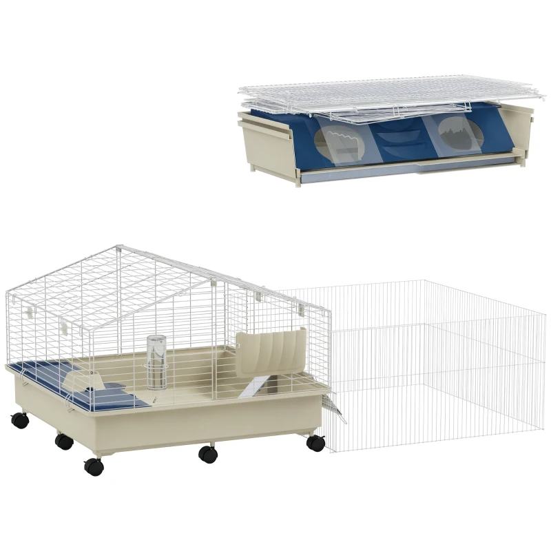 PawHut Kleine Huisdierenkooi, Balkon, Hellingbaan, Voerbak, Waterfles, Dubbellaags Ontwerp, Wit