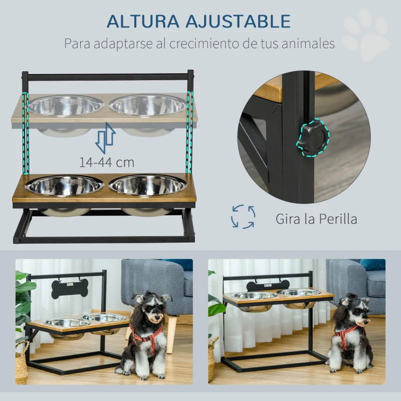 PawHut Comedero para Perros Elevado Altura Ajustable con 2 Cuencos de Acero Inoxidable Alimentador de Agua y Comida para Mascotas 58x32x50 cm Negro y Roble