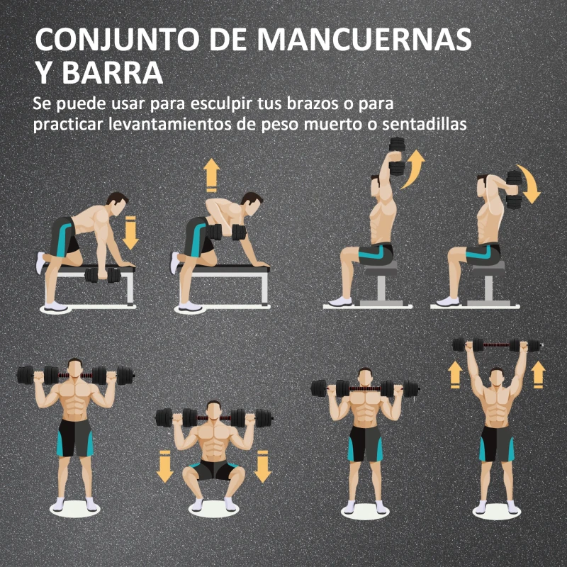 HOMCOM Juego de Mancuernas Ajustables 30 kg 4 en 1 con Barras Conexión y Mangos Antideslizantes para Gimnasio en Casa Negro