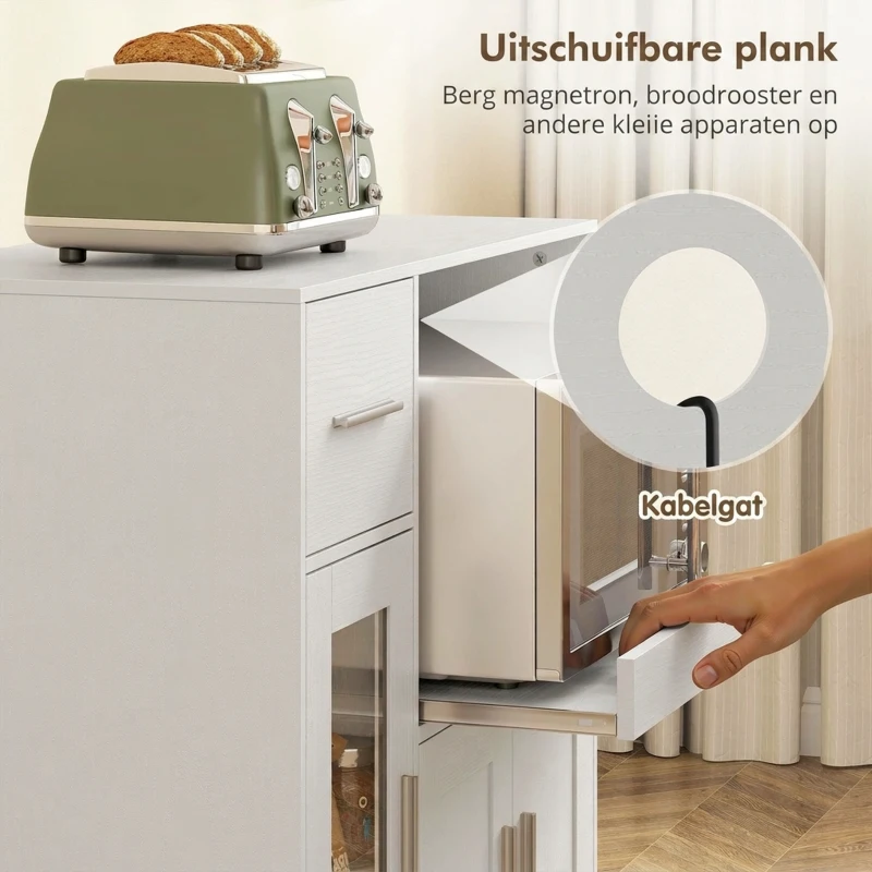 HOMCOM Keukenkast op wielen, mobiele keukencommode met planken, lades, verstelbare plank, kabelopening, wit(m-6)