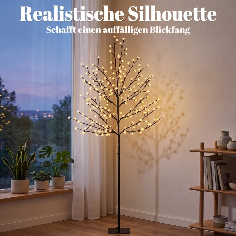 HOMCOM LED-kersenbloesemboom 180 cm met 200 leds, kunstmatige lichtboom met 20 buigzame takken, kerstdecoratie