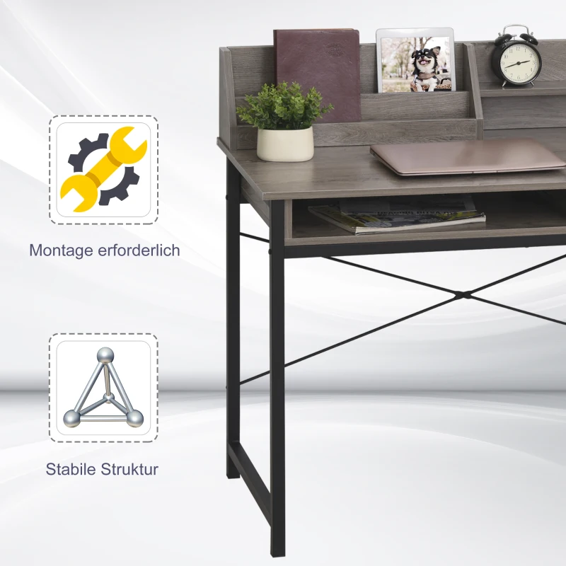 HOMCOM Schreibtisch mit Regal Schublade, Computertisch, Bürotisch, industrieller Stil, MDF, Metall, Grau+Schwarz, 106 x 53 x 95 cm