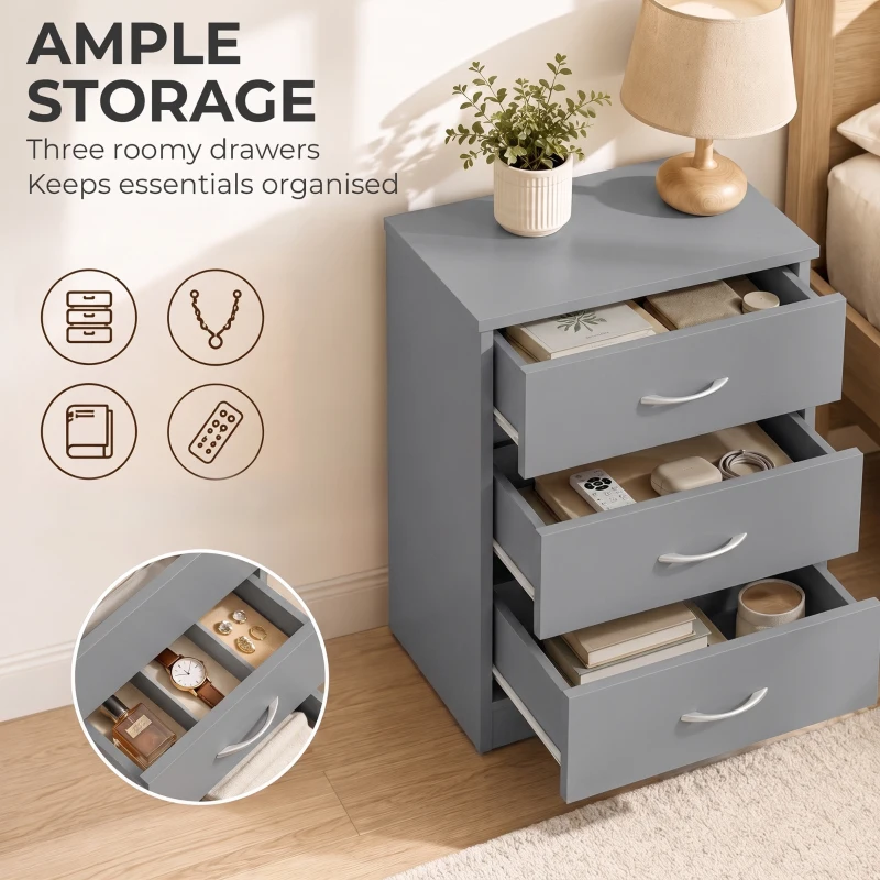 HOMCOM Three-Drawer Simple Bedside Table - Grey