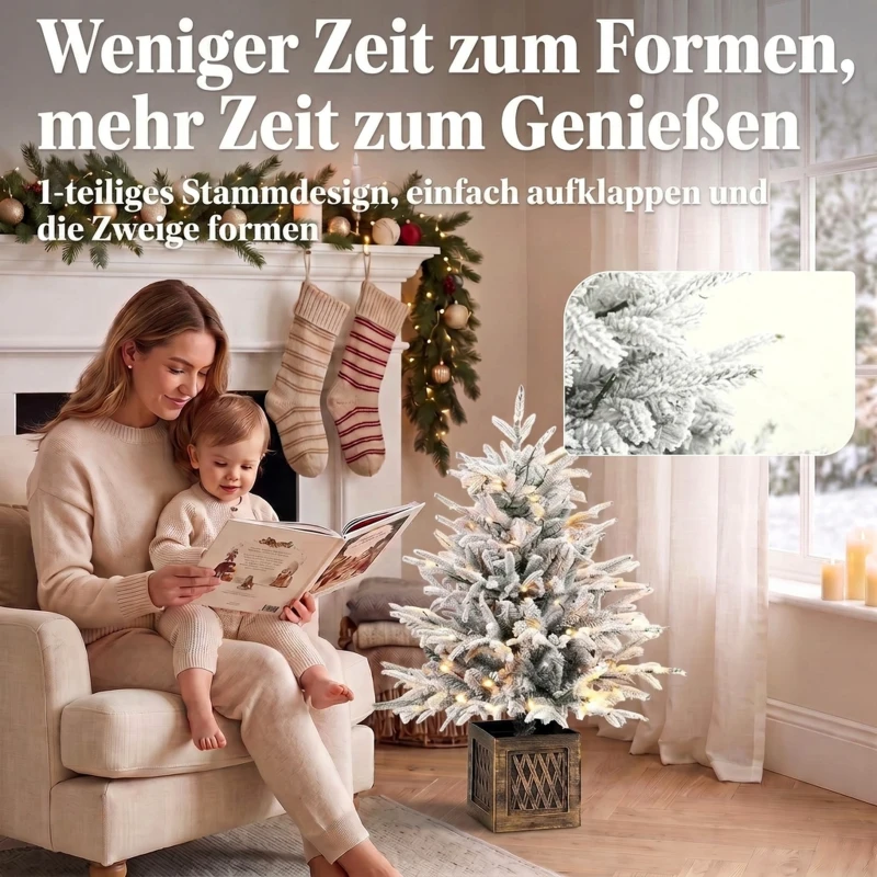 HOMCOM Tisch-Weihnachtsbaum 90 cm, vorbeleuchtet, beschneit, künstlich, 70 warmweiße LEDs, 488 Spitzen, Grün