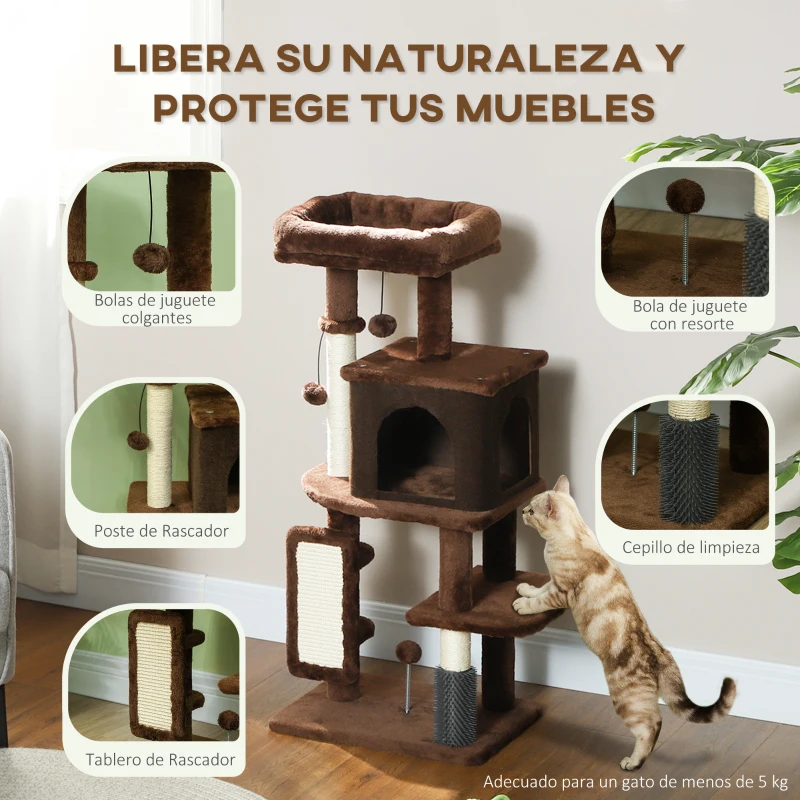 PawHut Árbol Rascador para Gatos 104 cm con Plataformas Poste con Cepillo Bolas Colgantes y Almohadilla para Rascar Marrón