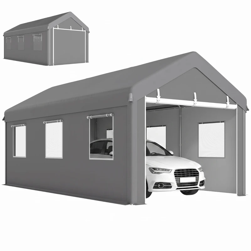 Outsunny Tente garage carport 6L x 2,95l x 2,78H m acier galvanisé PE haute densité 160 g/m²  2 portes enroulables et 6 fenêtres