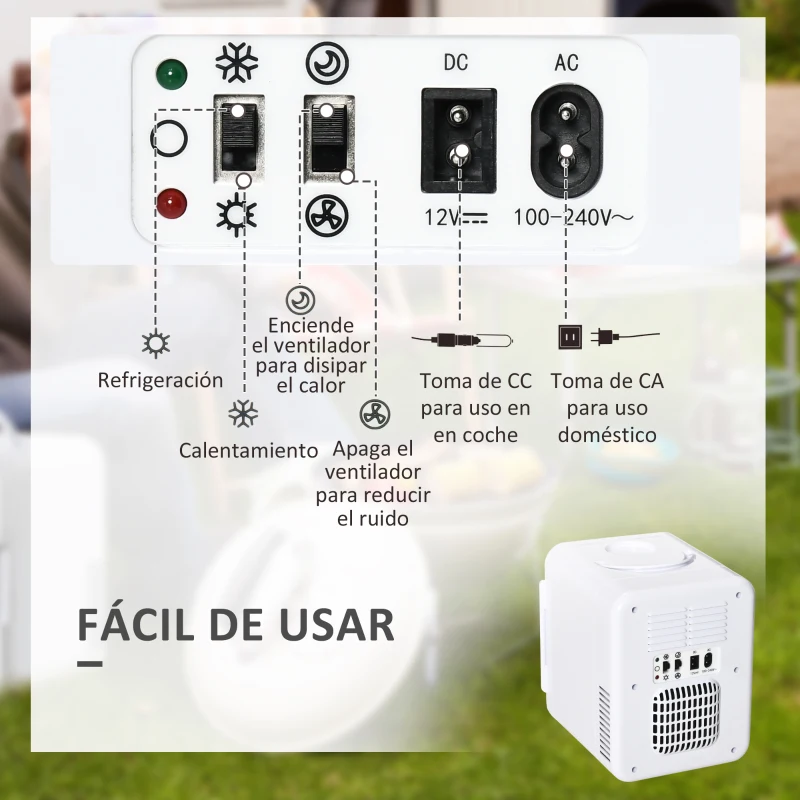 HOMCOM Mini Frigorífico 4L Nevera Eléctrica Pequeña 230V/12V con Función Frío y Calor 1 Puerta Reversible 2 Estantes y 2 Luces LED Silencioso 35dB para Camping Coche Casa 25,8x20,5x26,3 cm Blanco