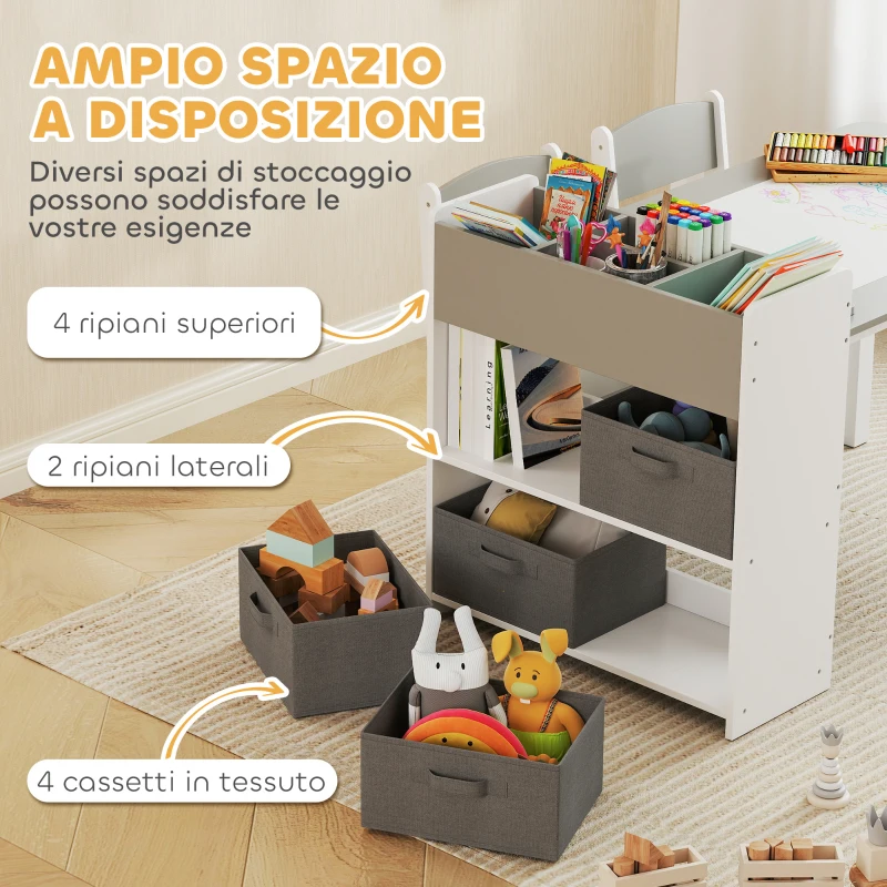 AIYAPLAY Set Tavolo e Sedie per Bambini con 2 Sedie e Tavolino Contenitore, in Legno e Tessuto non Tessuto, Grigio e Bianco