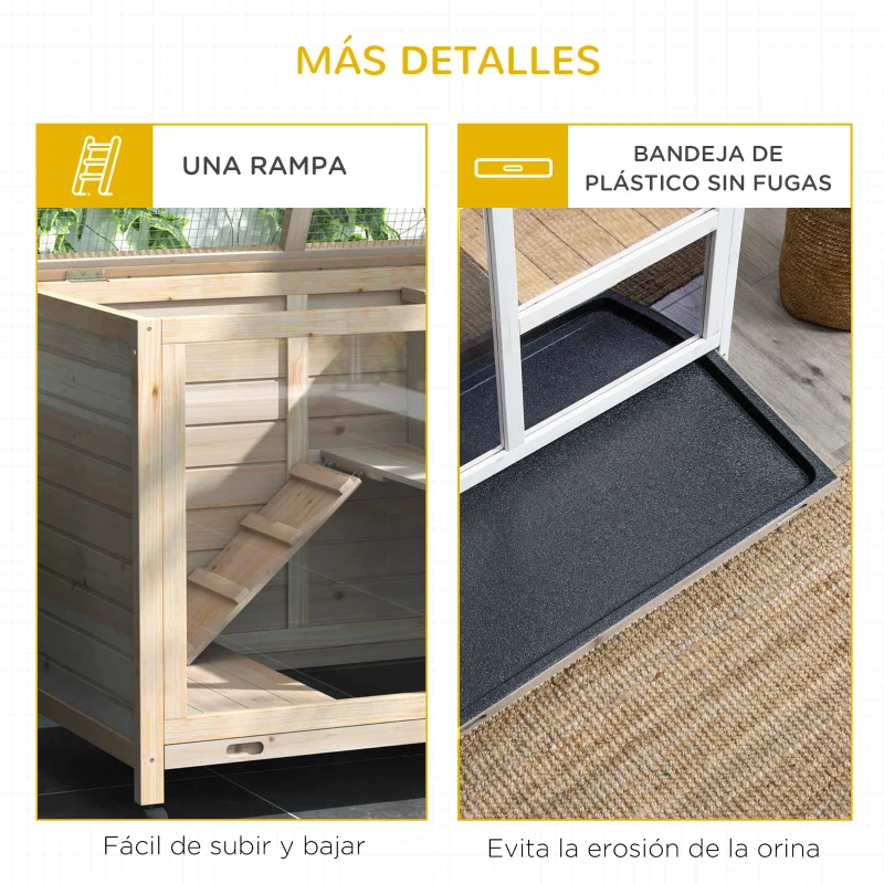 PawHut Conejera de Madera con Ruedas 91,5x53,3x73 cm Jaula para Conejos de 2 Niveles con Techo Abatible Natural