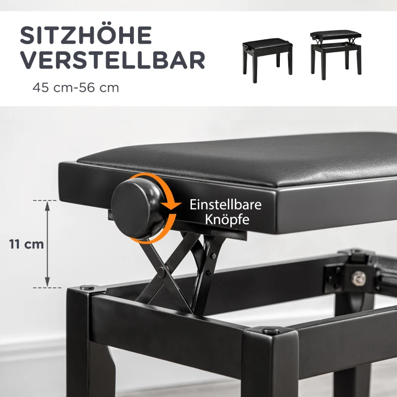 HOMCOM pianobank, pianostoel, in hoogte verstelbaar, elegant hoogglans, synthetisch leer+rubberhout, zwart, 63 x 33 x 56 cm(m-4)