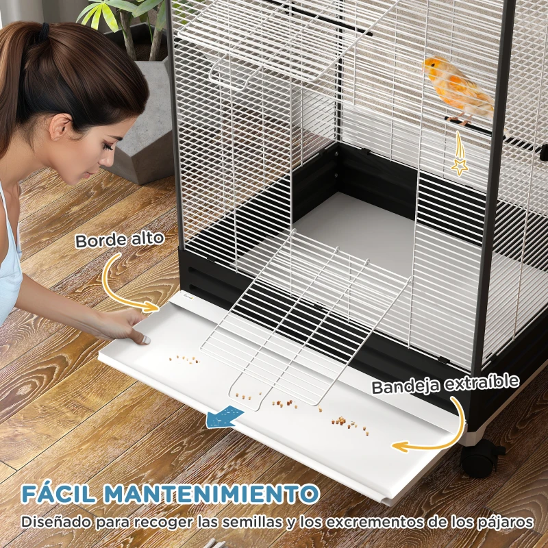 PawHut Jaula para Pájaros con Ruedas Pajarera Metálica con Bandeja Extraíble Puertas 79x65x155 cm Negro