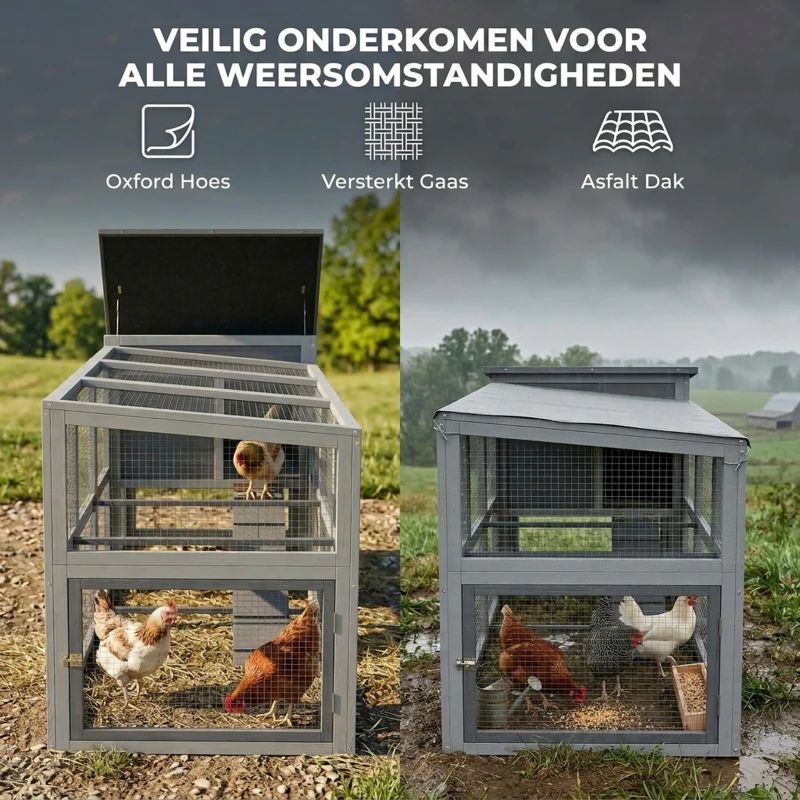 PawHut Kippenhok kippenverblijf voor 3-4 kippen met ren nestkast asfaltdak Oxford-afdekking uittrekbare lade 264x82x89cm grijs