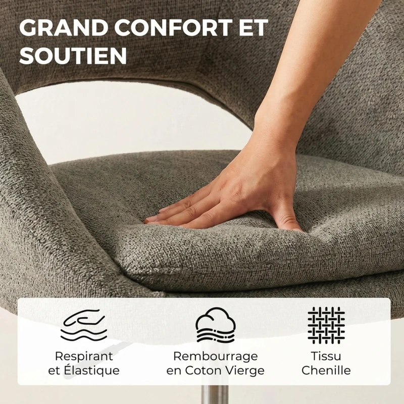 HOMCOM Chaise Bureau Ergonomique en Chenille, Hauteur Réglable, Accoudoirs Intégrés, Pivotant 360°, 59x60x79-89cm, Vert Foncé