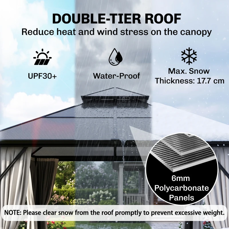 Outsunny 3 x 3(m) Hardtop Gazebo Canopy with UPF30+ Double Polycarbonate Roof, Aluminium Frame Garden Gazebo Permanent Pavilion with Mosquito Netting and Curtains for Patio, Deck, Grey