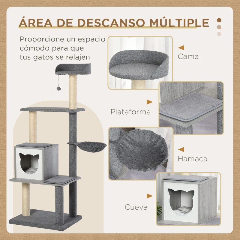 PawHut Árbol Rascador para Gatos Grande 61x49x160,5 cm Madera Torre de Escalada de Múltiples Niveles con Cueva Espaciosa Hamaca Suave Postes Juguete Colgante Cubierto de Felpa Gris