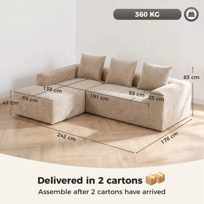 HOMCOM Narożnik z szezlongiem, bezramowa sofa w kształcie L z chenille, głębokie siedzisko, sprężyny kieszeniowe, beżowy