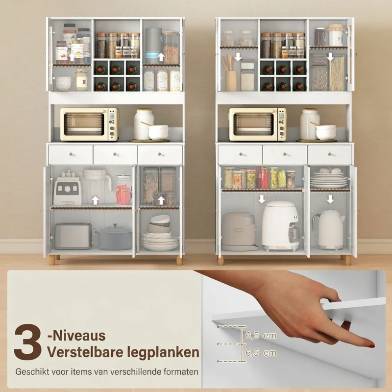 HOMCOM 180 cm keukenkast, 2 glazen deuren, 3 lades, 4 verstelbare planken, eetkamerkast, spaanplaat, Wit(m-6)