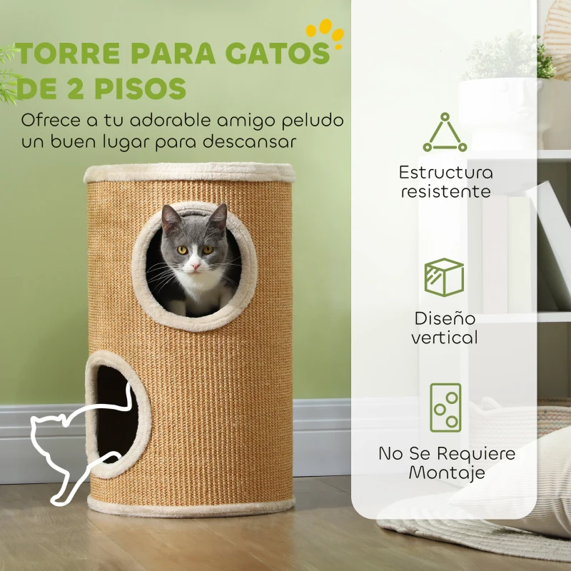 PawHut Barril Rascador para Gatos de 2 Niveles Torre Rascador para Gatos con 2 Cuevas y Cubierta de Sisal Ø35x60 cm Marrón