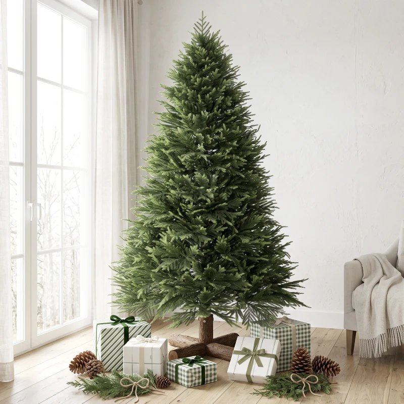HOMCOM 7ft Artificial Christmas Tree, Hinged Xmas Tree with Realistic 1071 PE & PVC Branch Tips, Fir Wood Base, Green