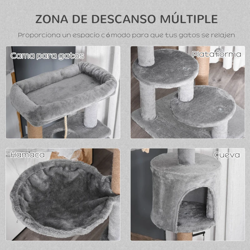 PawHut Árbol Rascador para Gatos Altura 120 cm Torre de Gatos con Plataformas Cueva Hamaca Postes de Yute 48x48x120 cm Gris