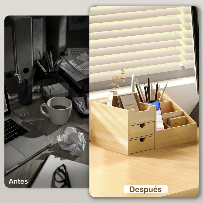 HOMCOM Organizador de Escritorio de Bambú Organizador de Mesa con 2 Cajones 6 Compartimentos y Estante para Oficina Hogar 33x20,5x15,5 cm Natural