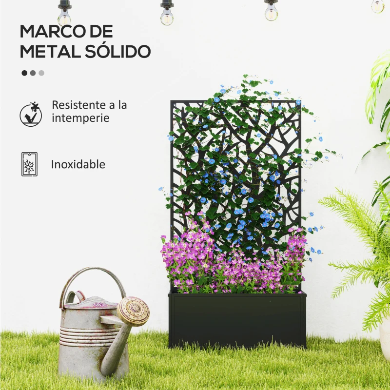 Outsunny Jardinera Elevada con Panel de Privacidad de Ramas Decorativas de Metal y Opción de Montaje en Pared 61x23x113 cm Negro