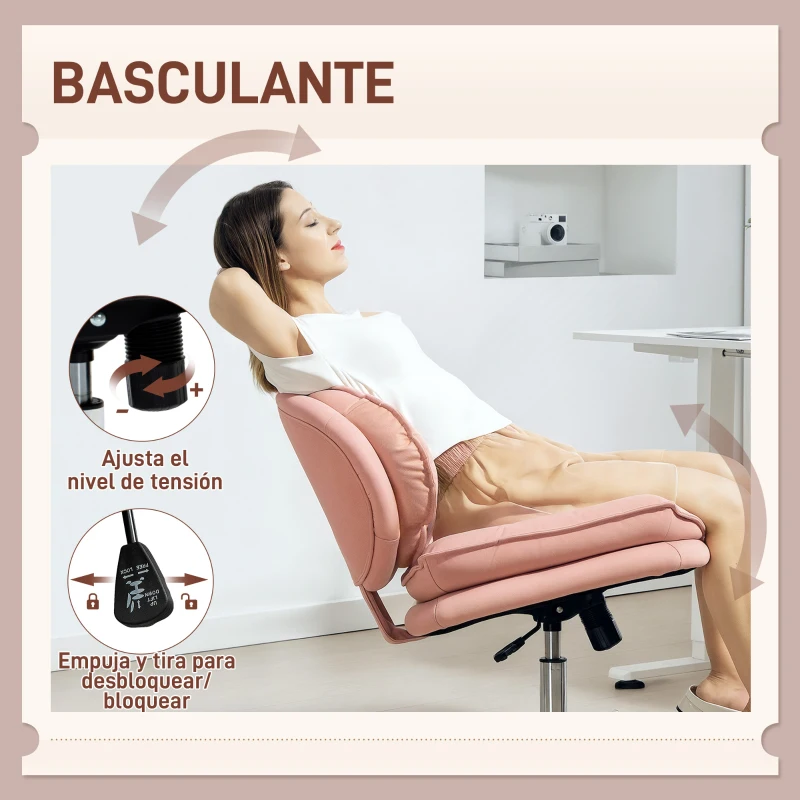 HOMCOM Silla de Oficina Piernas Cruzadas con Asiento Ancho Ruedas Altura Ajustable Doble Acolchado Función Basculante Rosa
