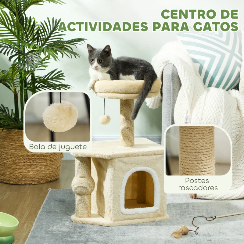 PawHut Árbol para Gatos Altura 66 cm Torre para Gatos con Cama Cueva Plataforma Bola Colgante y Poste de Yute Beige