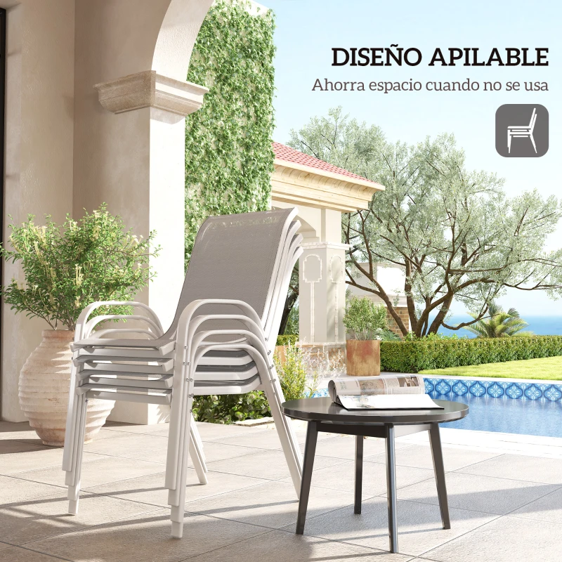 Outsunny Set de 4 Sillas de Exterior Apilables con Asiento de Malla Respaldo Alto y Marco de Acero para Jardín o Terraza Gris