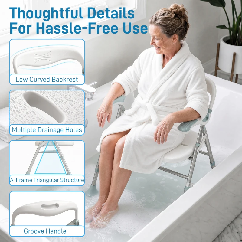 HOMCOM Foldable Shower Chair with Flip-Up Armrests, Shower Stool with Adjustable Height, Tool-Free Assembly, 136 kg