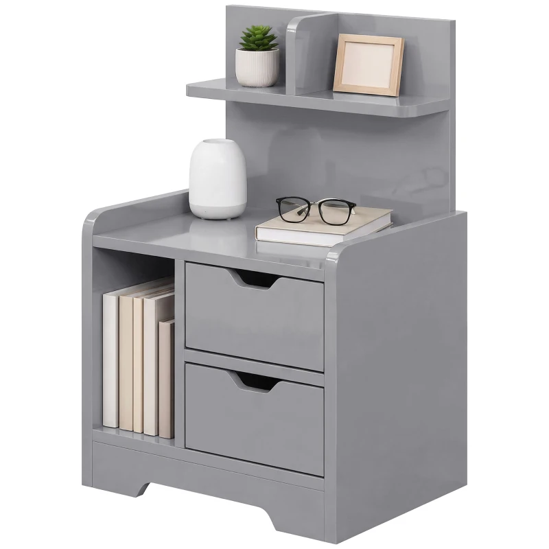 HOMCOM Bedside Table, Small Bedside Cabinet with 2 Drawers and Storage Shelves, Modern Nightstand for Bedroom, Grey
