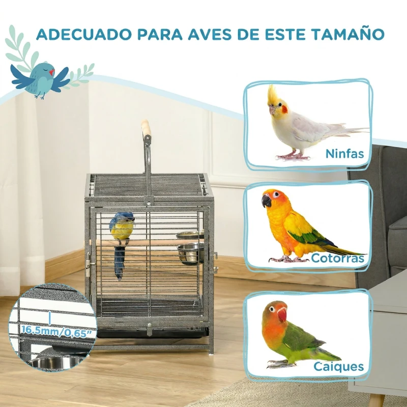 PawHut Jaula para Pájaros Portátil con 2 Perchas de Madera 2 Comederos y Bandeja Extraíble 48x38x47,8 cm Negro