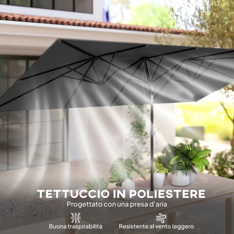 Outsunny Ombrellone Doppio Inclinabile e Regolabile con Cordicella, in Poliestere e Metallo, 150x295x170-214 cm, Grigio