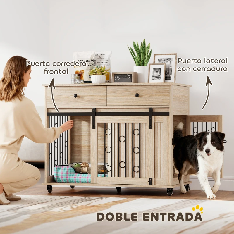 PawHut Jaula para Perros Medianos y Grandes Mesa Auxiliar Moderna con 2 Cajones 2 Puertas y Cierre 100x56x81 cm Roble