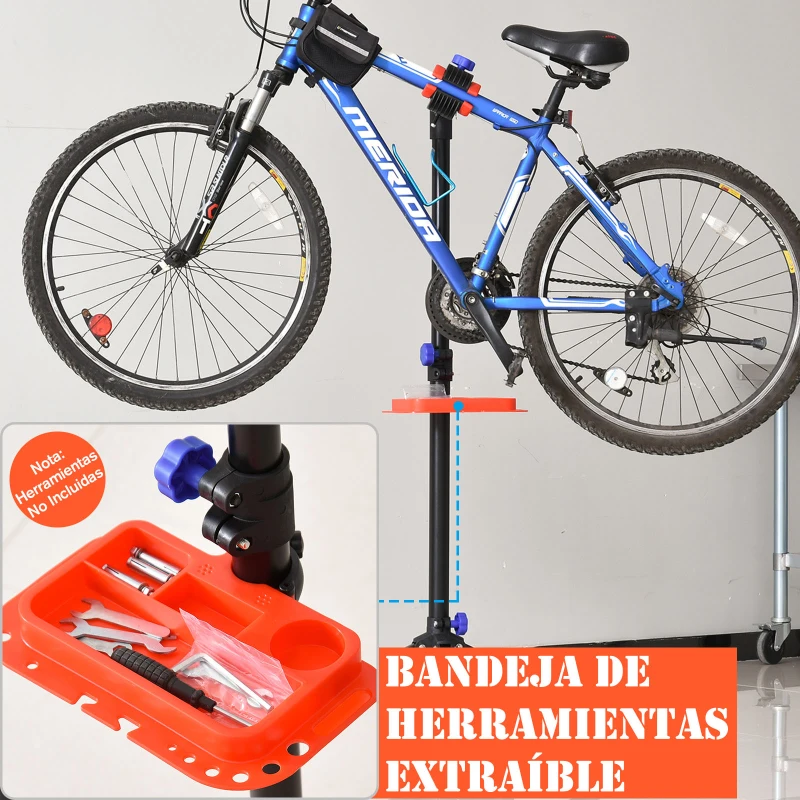 HOMCOM Soporte de reparación Portátil Caballete de Bicicleta para Hogar Altura Ajustable 110-180 cm con 4 Patas Bandeja de Herramientas Hasta 25 kg 84x84x180 Negro