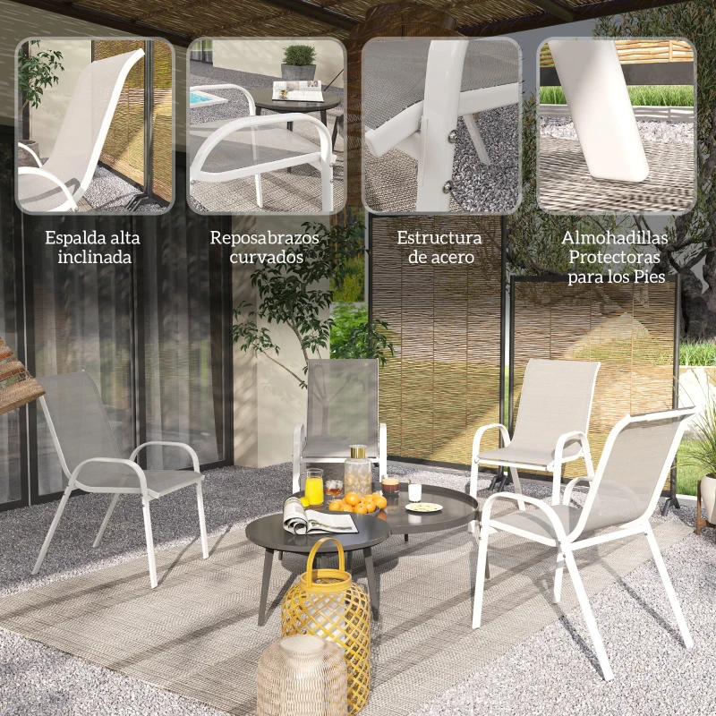 Outsunny Set de 4 Sillas de Exterior Apilables con Asiento de Malla Respaldo Alto y Marco de Acero para Jardín o Terraza Gris