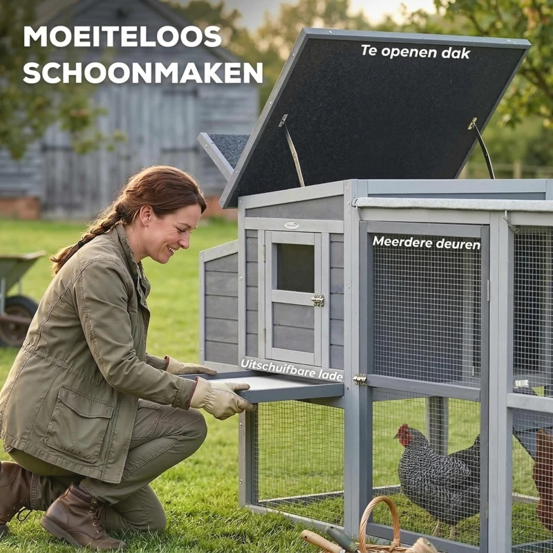 PawHut Kippenhok kippenverblijf voor 3-4 kippen met ren nestkast asfaltdak Oxford-afdekking uittrekbare lade 264x82x89cm grijs