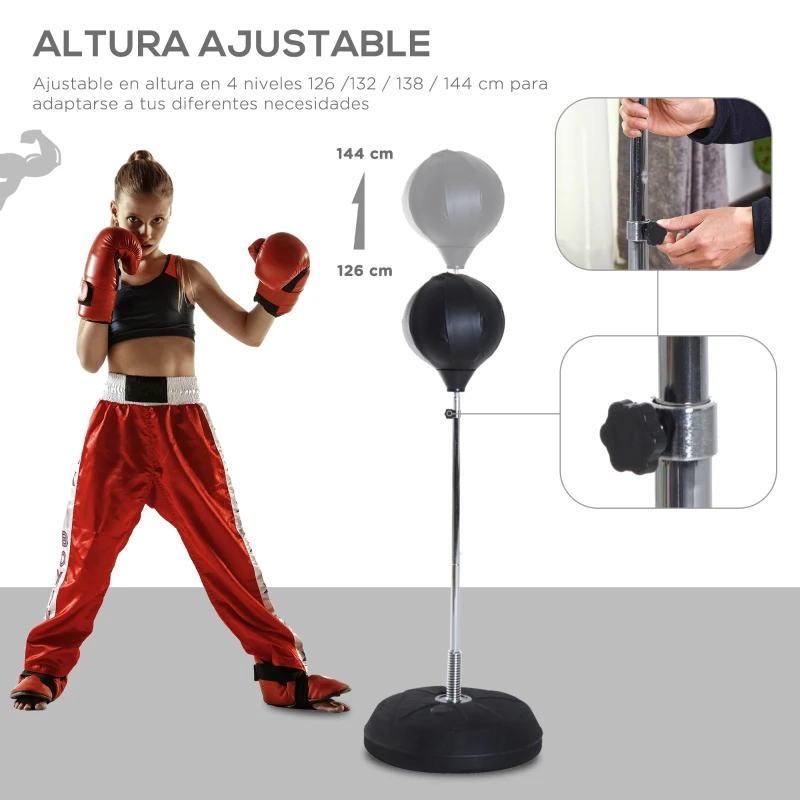 HOMCOM Saco de Boxeo de Pie con Altura Ajustable en 4 Niveles 126-144 cm Base Rellenable y Guantes de Boxeo Negro