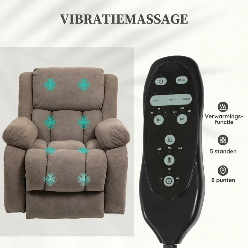 HOMCOM Tv-stoel met Massage- en Verwarmingsfunctie, Elektrische Opstaan Assistentie, Afstandsbediening, Zijvakken, Lichtbruin(m-5)