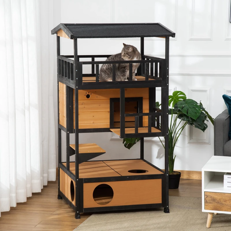 PawHut Caseta para Gatos de Madera 75,5x75x137 cm con Techo Asfáltico Plataformas para Interior y Exterior Natural
