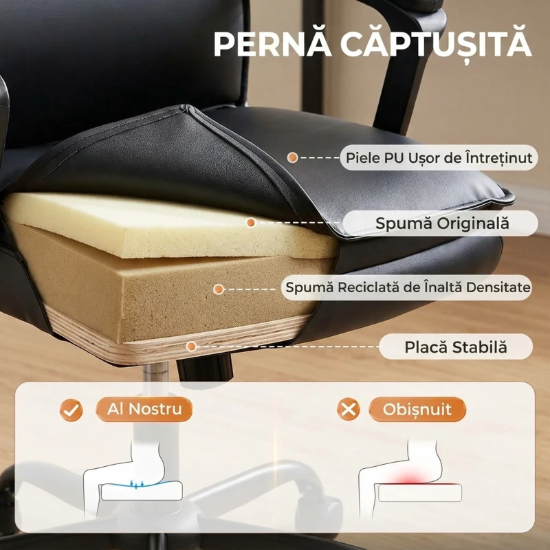HOMCOM Scaun de Birou Rotativ din Piele PU, Funcție Legănare, Spătar Înalt, Reglabil pe Înălțime, Suportă 120 kg, Negru