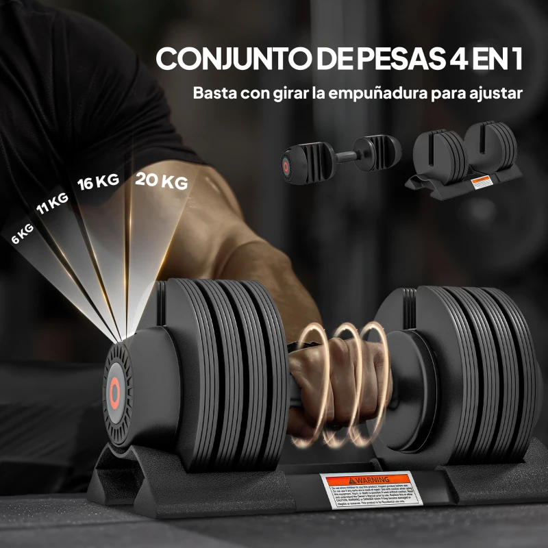 SPORTNOW Mancuerna Ajustable 4 en 1 20 kg Ajuste Rápido de Peso con Base de Almacenaje Mango Antideslizante para Gimnasio en Casa