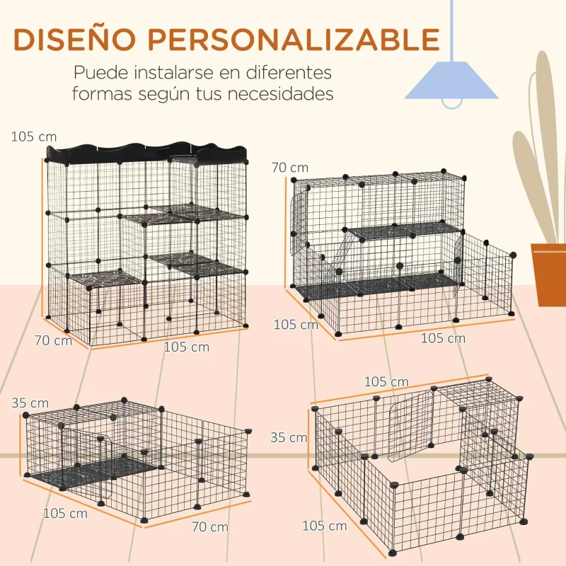 PawHut Recinto Modular para Animales Pequeños con Múltiples Niveles Puertas Amplias Rampas y Paneles de Resina PP 105x70x116 cm