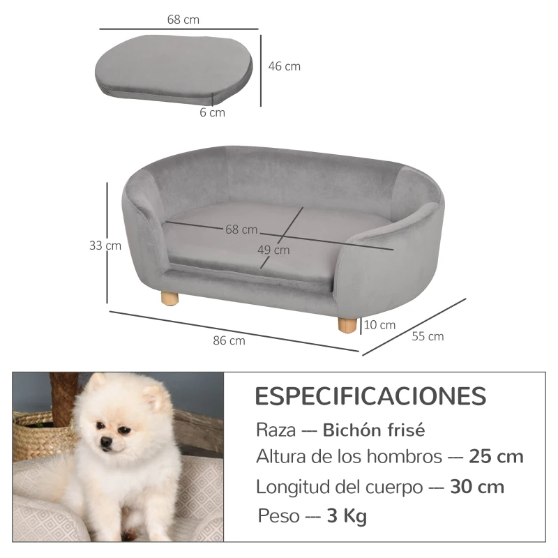 PawHut Sofá para Perros Pequeños con Patas de Madera Funda Lavable y Cojín Desmontable 86x55x33 cm Gris Claro