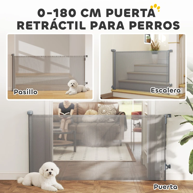 PawHut Barrera de Seguridad para Perros Retráctil Extensible hasta 180 cm de Ancho para Escaleras y Puertas Gris