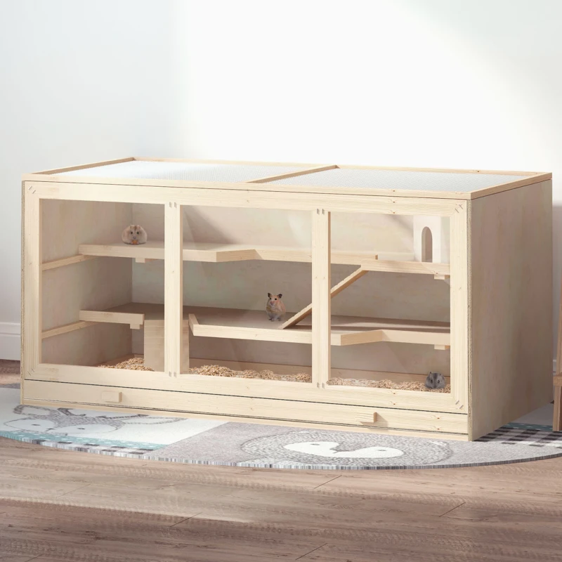 PawHut Jaula para Hámster de Madera Casa para roedores Pequeños con Bandeja Extraíble 2 Plataformas y Rampas 115x57x55 cm Madera Natural